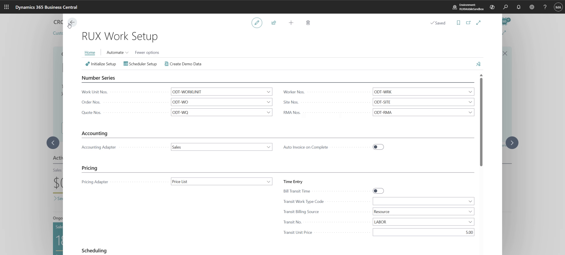 RUX Work Setup page